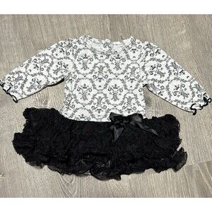 Baby Glam Black Tutu Dress 3M | Damask Print Long Sleeve Skirted Romper